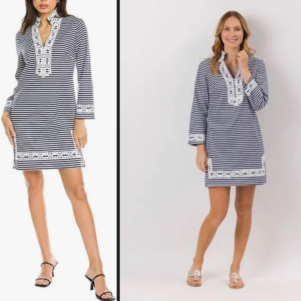 Sail To Stable Navy & White Stripe Long Sleeve Classic Tunic Embroidered, Size M